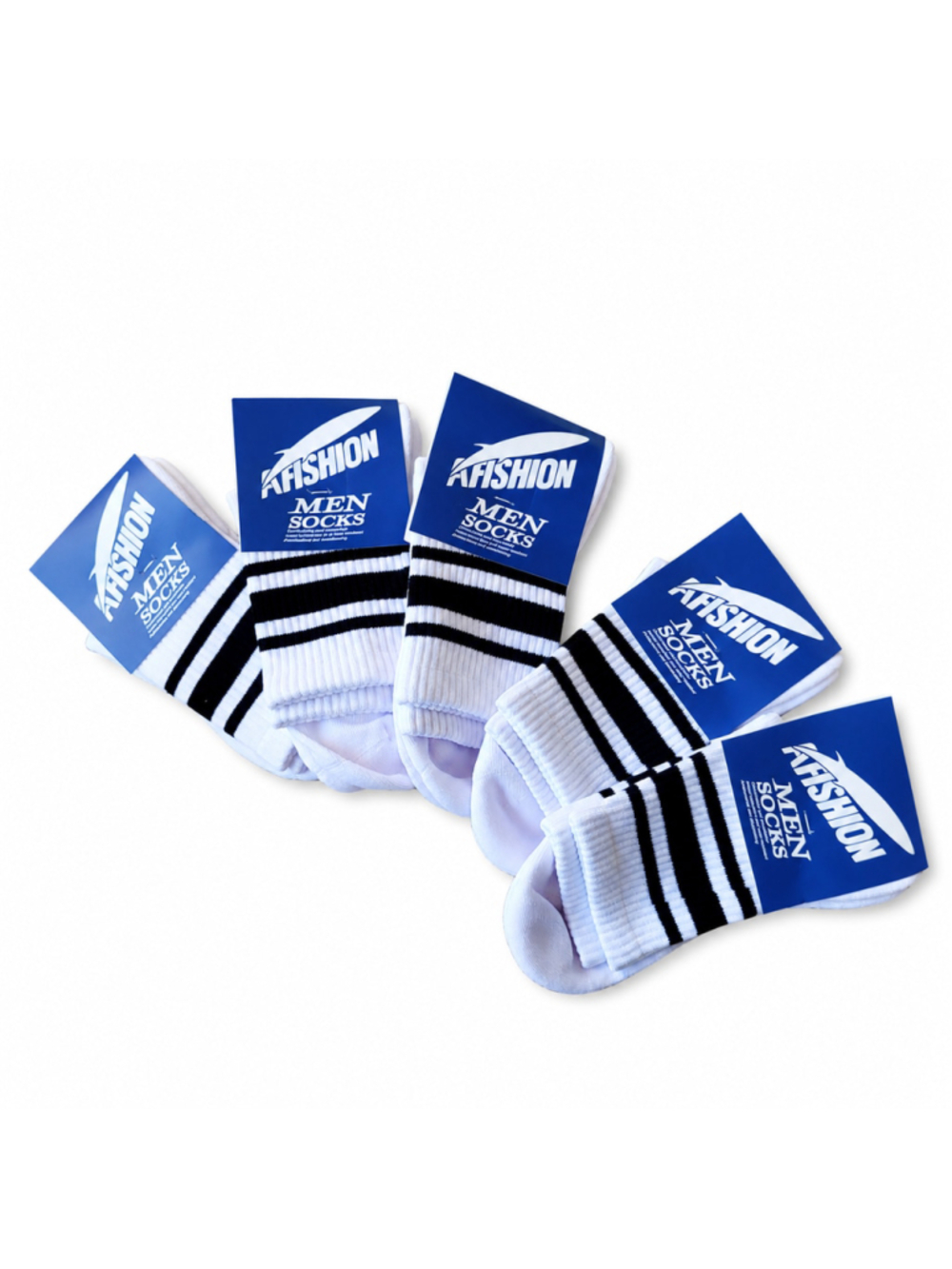 Men's 5 Pairs White Crew Socks with Black Stripes – One Size – NWT